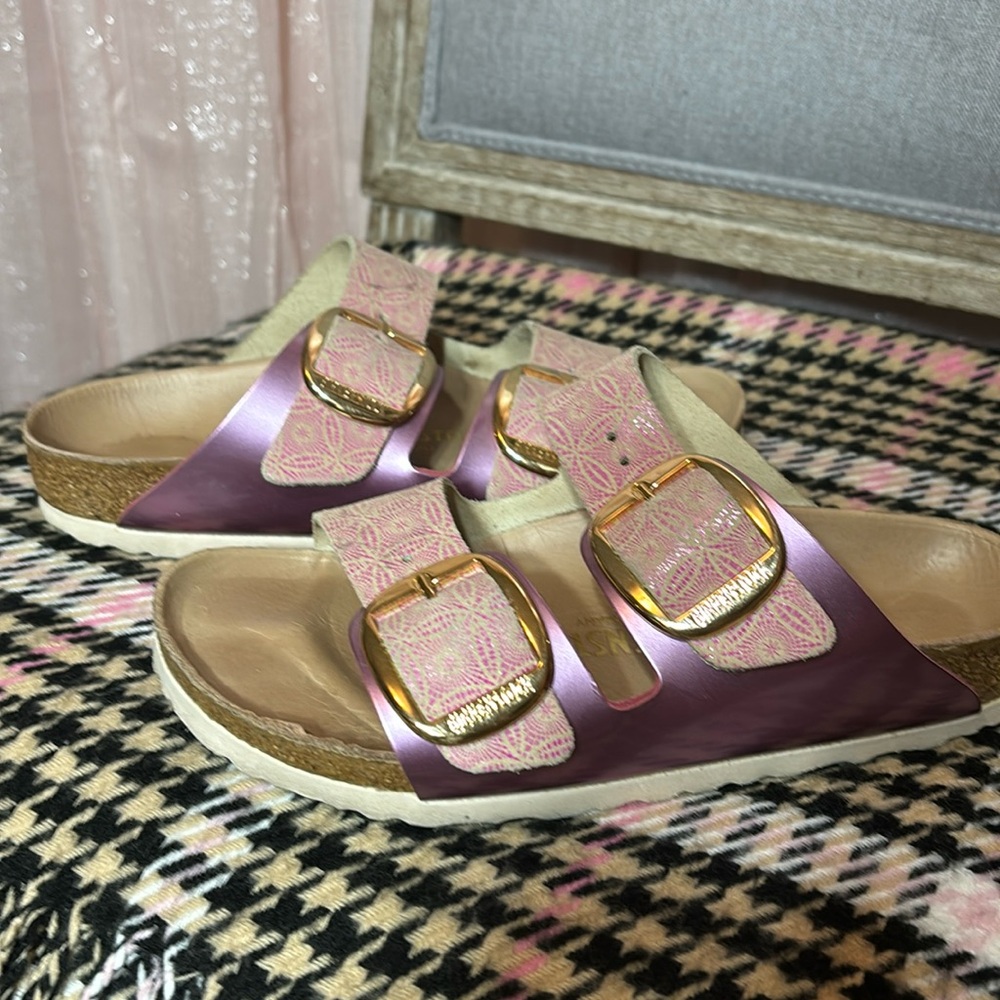 Birkenstock Pink and Gold Sandals